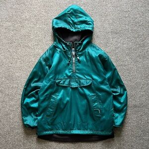 Vintage 90s Hooded Half Zip Pullover Nylon Jacket Teal Fleece Lined Womens L/XL